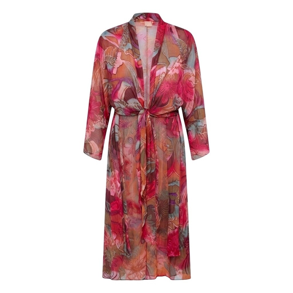URU Silk Rayon Kimono Duster Robe One Size Floral Pink Red Sheer Art to Wear USA